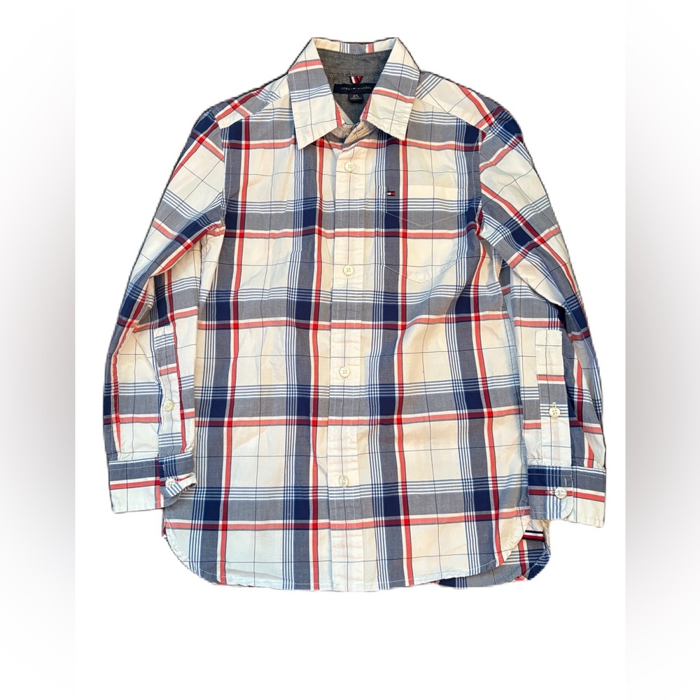 Tommy Hilfiger Kids Red and Blue Button Down Shirt - Size S (6-7 years)